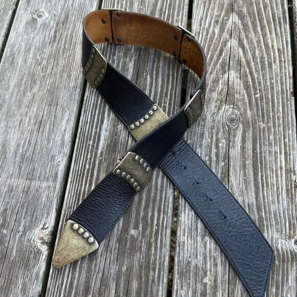 ADK Retro Vintage Black Leather Studded Belt with Antiqued Brass Hardware Edgy S - Picture 3 of 13